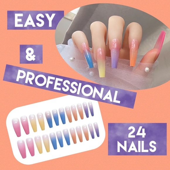 Acrylic Long Ballerina Tip Glossy Neon Rainbow Gradient Manicure Professional - Picture 2 of 6